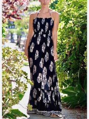 Cage Smocked Halter Maxi Dress in Navy with Cream Print size S like new